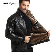 Load image into Gallery viewer, 1pcs Men's Plus size locomotive jacket blazers 2019 Winter Faux PU leather Cashmere turtleneck Jacket Men Skinny jackets Coats